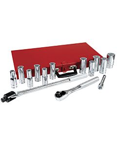 Juego de dados largos y accesorios cuadro de 1/2" en pulgadas, 15 piezas Urrea