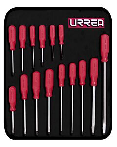 Juego de destornilladores con mango rojo, combinados, 15 piezas Urrea