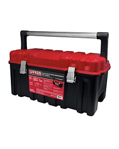 Caja portaherramientas plástica con broches metálicos, charola y tapa roja 17" x 9" x 8" Urrea